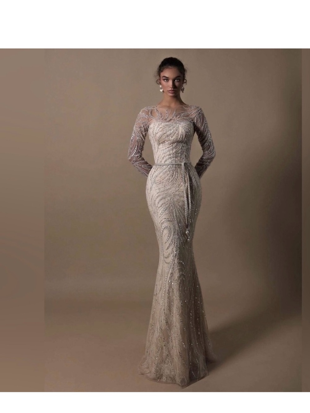 Tarik Ediz Nude Beaded Illusion Long-Sleeve Gown